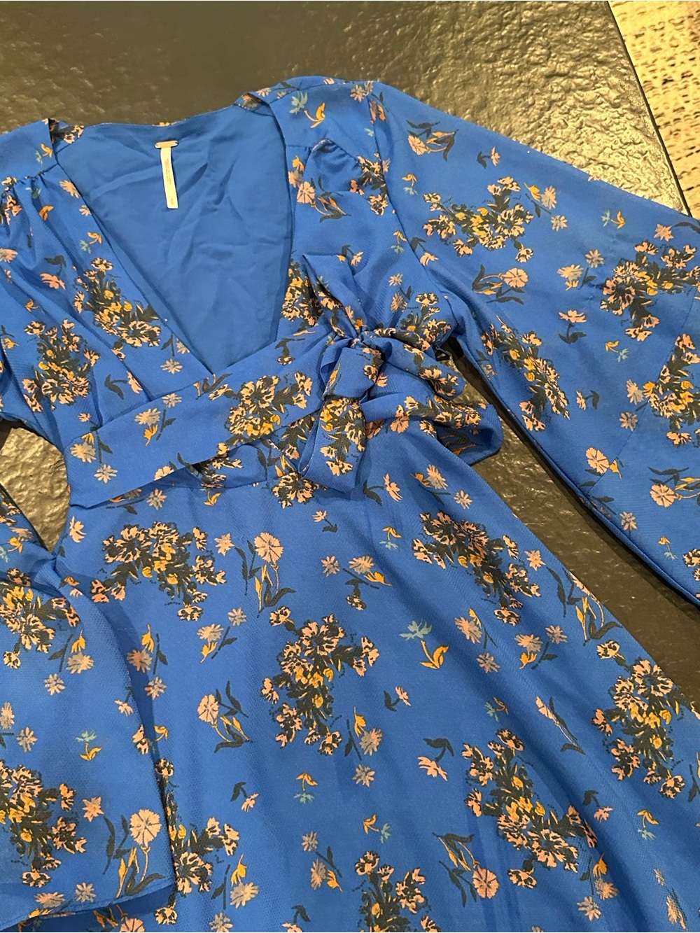 Free People Lilou Cobalt Blue Floral Flutter Belle Sleeve Chiffon Swing Dress - Picture 5 of 10